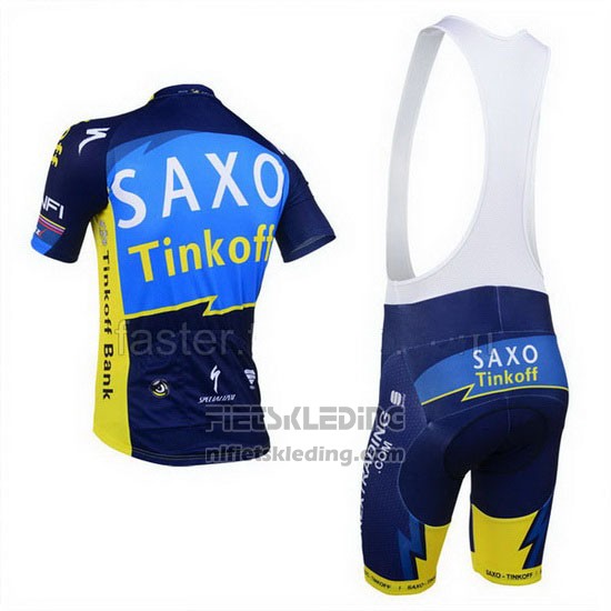 2013 Fietskleding Tinkoff Saxo Bank Blauw en Geel Korte Mouwen en Koersbroek